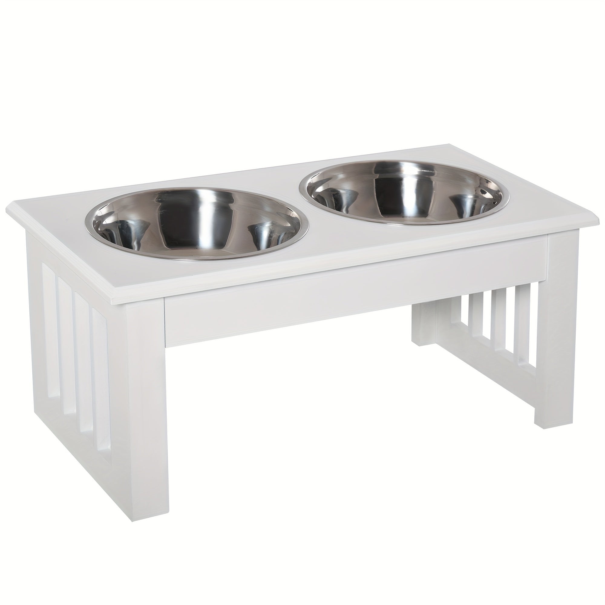 PawHut 6" Height Small Puppy Dog Feeding Station For Messy Pets, Stainless Steel Elevated Dog Bowls With Modern Wooden Frame, Dog Food Stand Pet Feeding Station, White