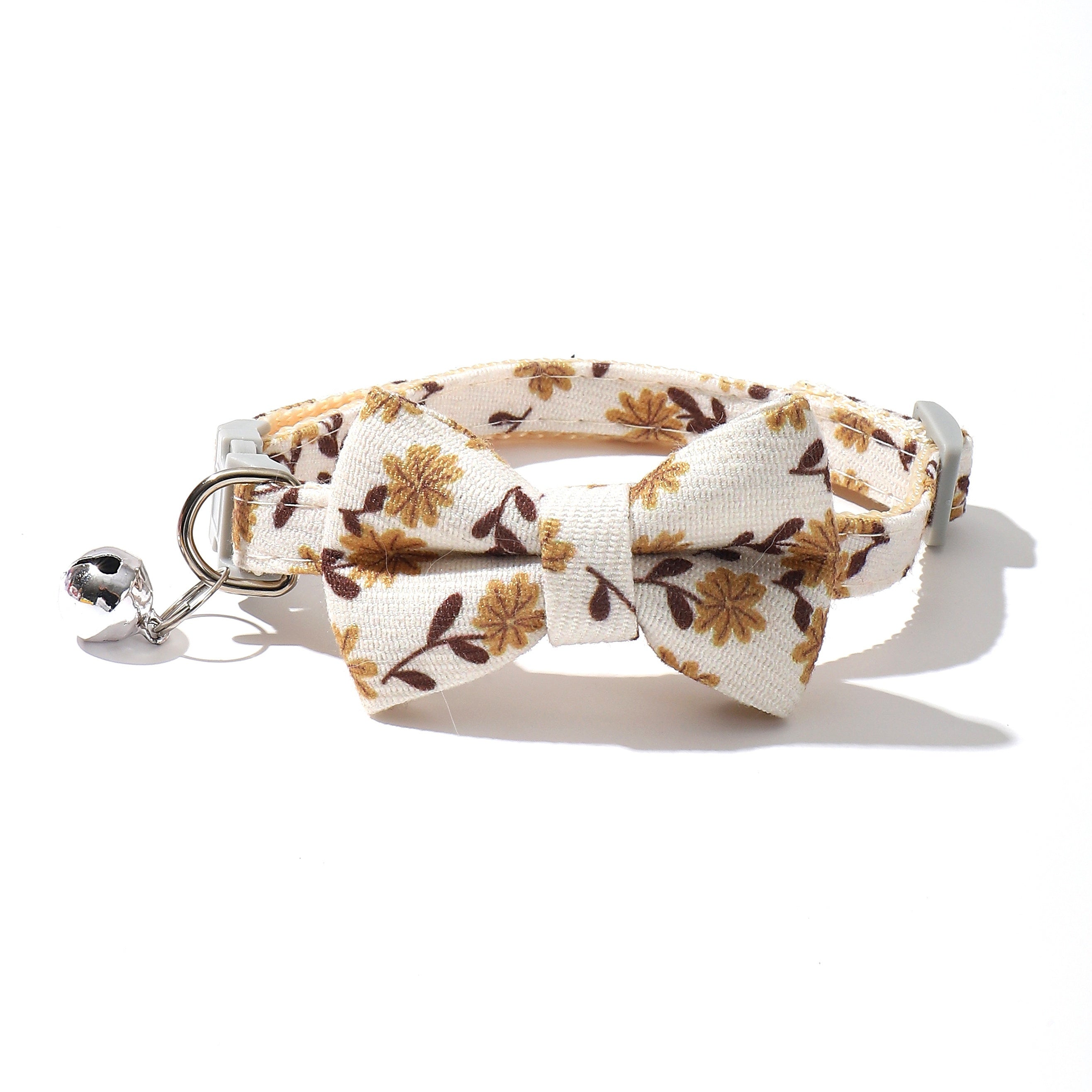 Floral Pattern Cat Collar with Bell and Bow, Adjustable Polyester Fiber Pet Collar Set for Kittens and Small Cats - Fresh Style, Breakaway Safety Design