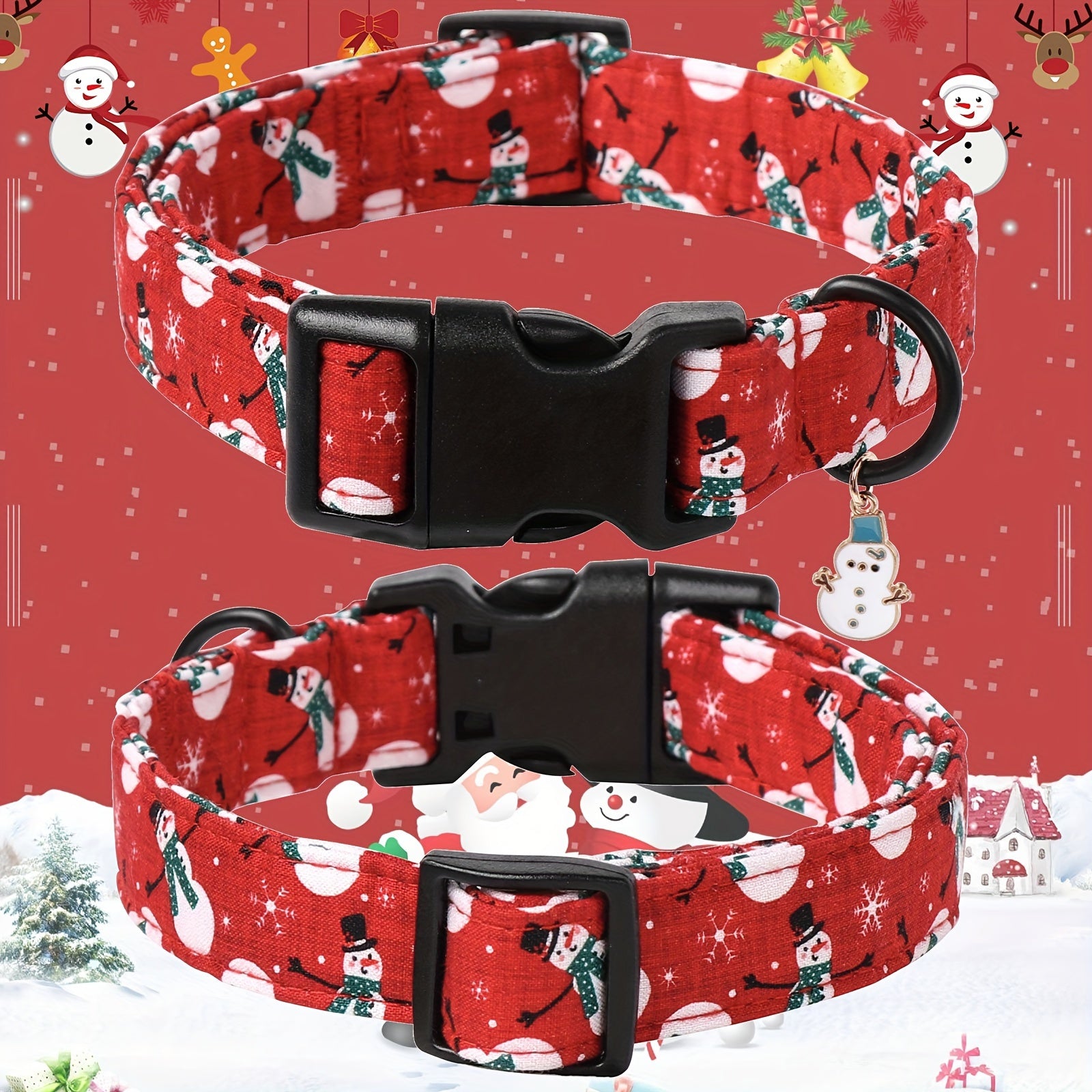 Festive Christmas Dog Collar with Santa & Snowman Prints - Adjustable, Soft Cotton Pet Collar for Small to Large Breeds - Includes D-Ring for Leash Attachment