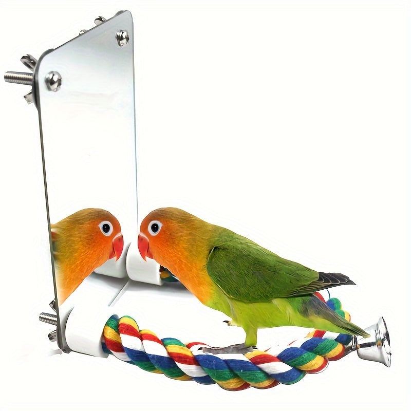 Interactive Parrot Mirror Toy with Chewable Rope Perch - Acrylic Bird Play Station for Cage