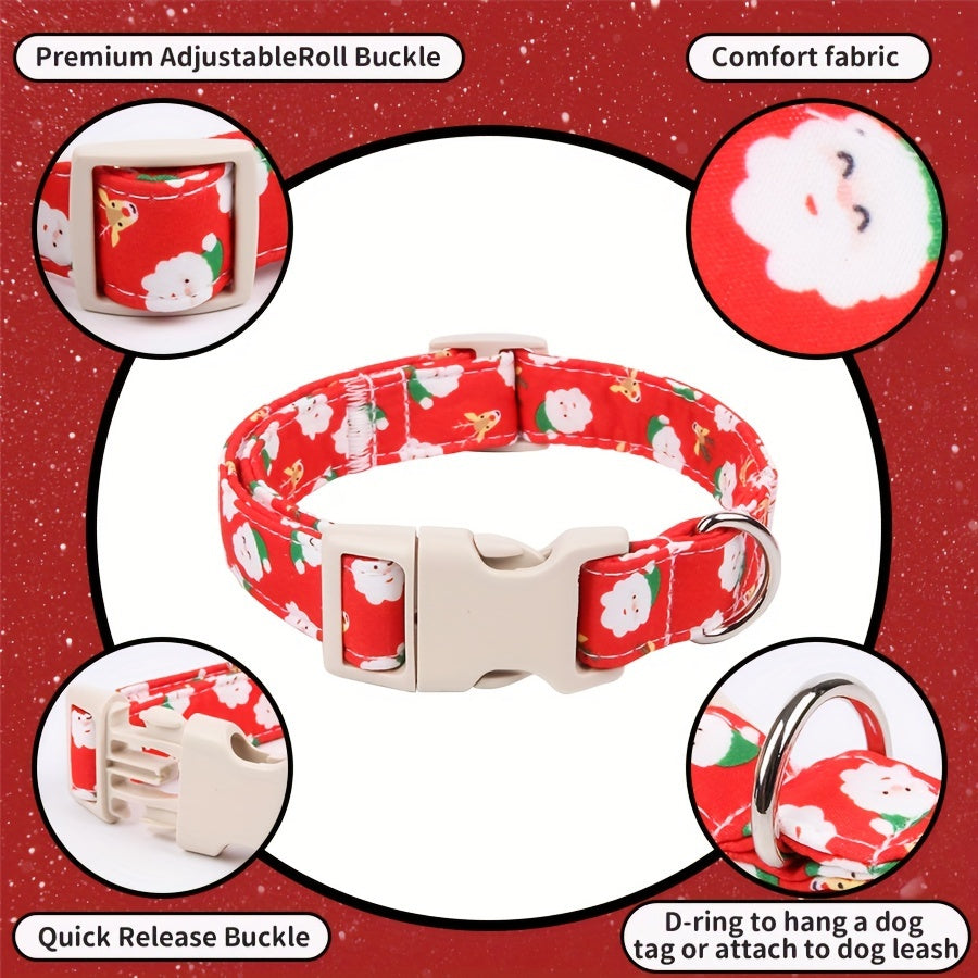 1pc Christmas Style Adjustable Dog Collar, Soft Cotton Red Pet Collar with Quick Release Buckle, Santa & Reindeer Pattern, Cute Red Dog Collar for Small to Large Dogs, Cartoon Cotton Material, Headwear & Buckle Collar for Boy