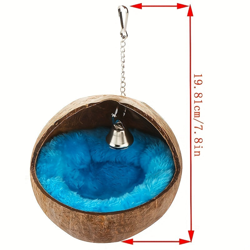 Coconut Shell Bird Nest with Warm Cushion and Bell for Small Birds