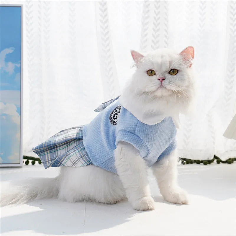 Small Breeds Polyester All-Season Dog Dress, Chic College Style Pet Apparel with Plaid Skirt and Collar, Pullover Design, Ideal for Spring, Cat & Chihuahua, Available in Pink, Blue, Green