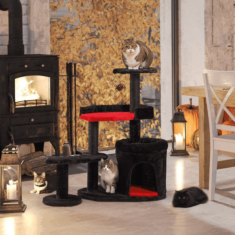 1pc Gothic Iron Cat Tree Tower with Scratching Post, Coffin Bed, and Playhouse - Durable Sisal Rope for Indoor Cats - Halloween-Themed Pet Furniture