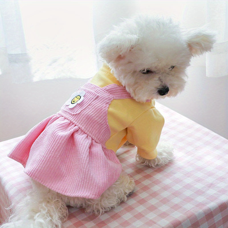 Pink Warm & Comfortable Knit Sunflower Couple Dog Dress - Cozy Pet Apparel for Small Breeds, Fall/Winter