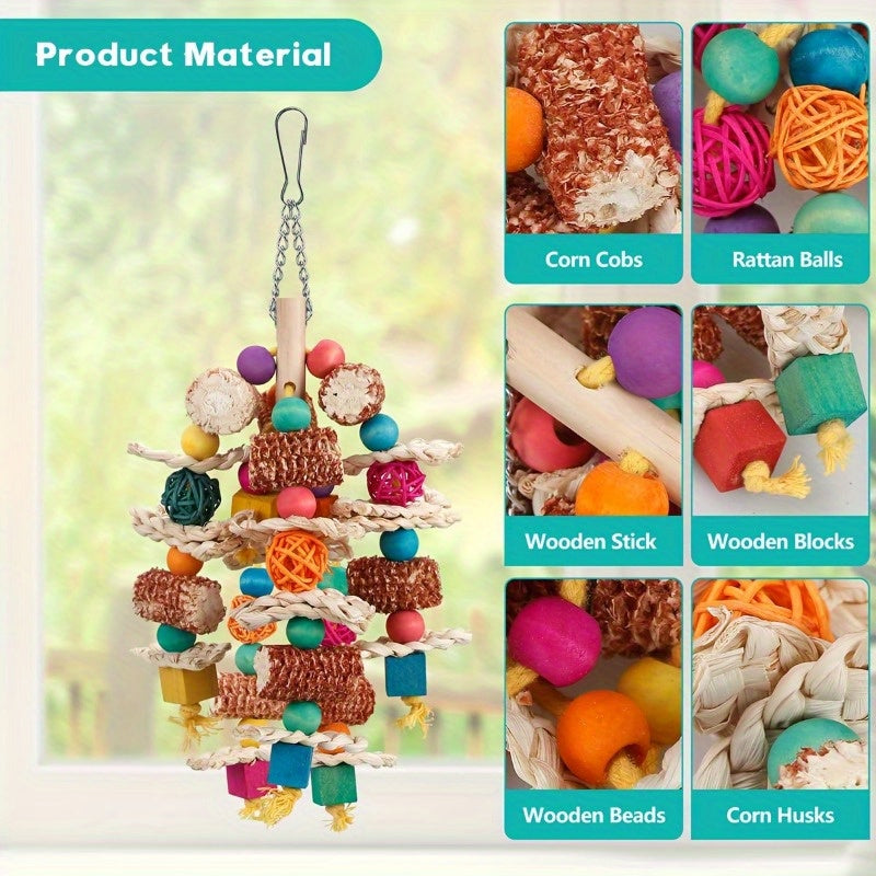 1pc Natural Corn Cob Parrot Chew Toy - Durable and Safe for Small to Medium Birds, with Wooden Blocks, Synthetic Fiber, Snack Style for All Bird Types