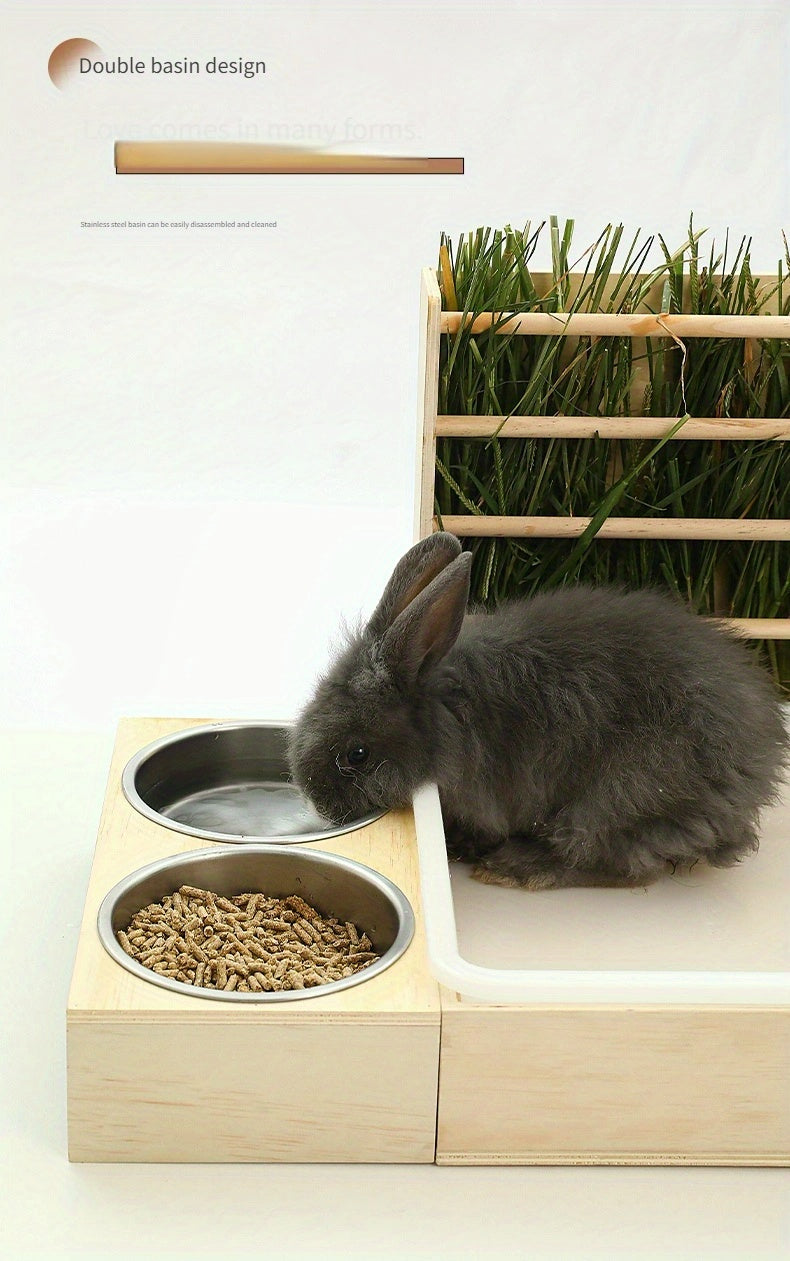 Small Pet Feeding Station with Hay Rack, Cat Litter Box & Dual Bowls - Ideal for Rabbits and Guinea Pigs