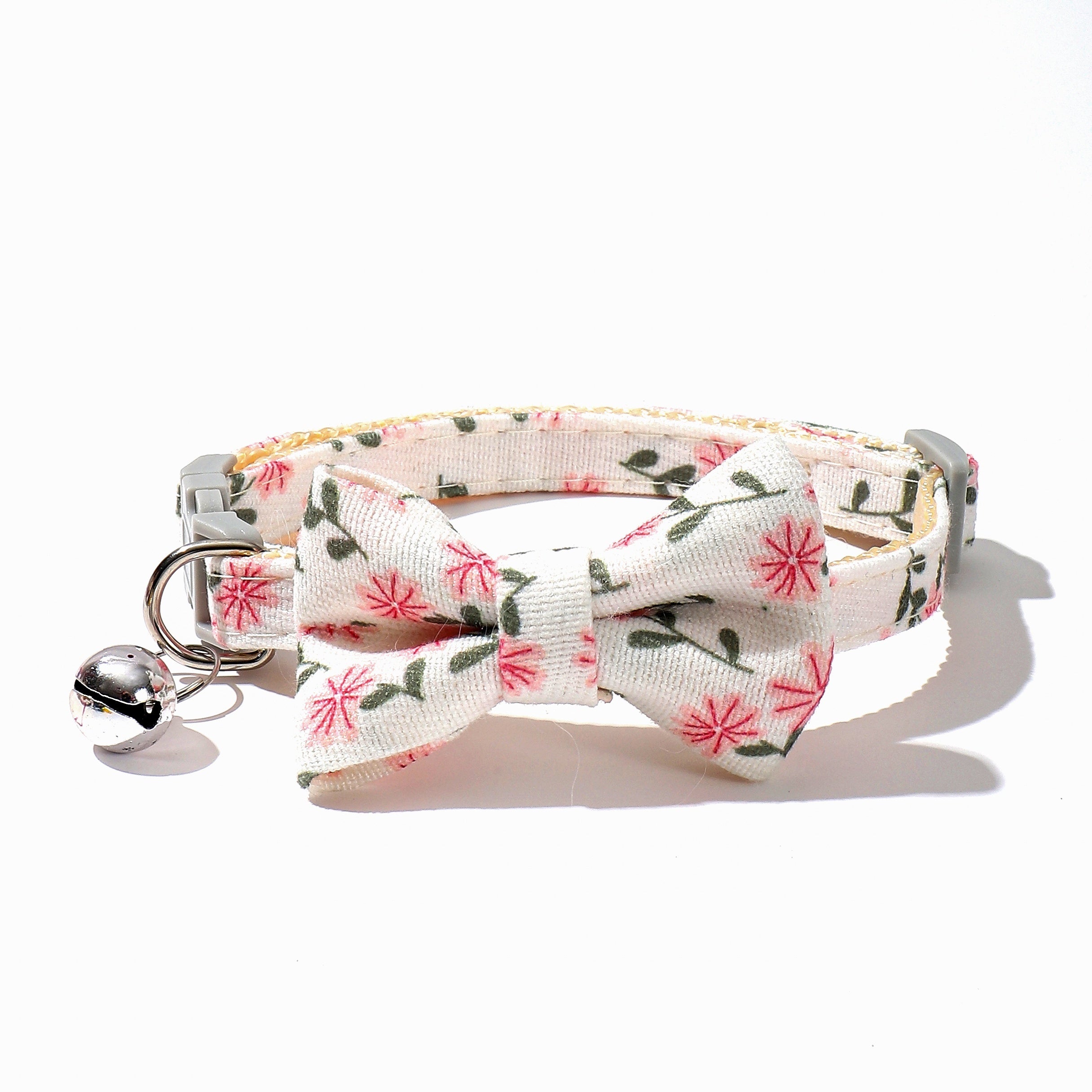 Floral Pattern Cat Collar with Bell and Bow, Adjustable Polyester Fiber Pet Collar Set for Kittens and Small Cats - Fresh Style, Breakaway Safety Design