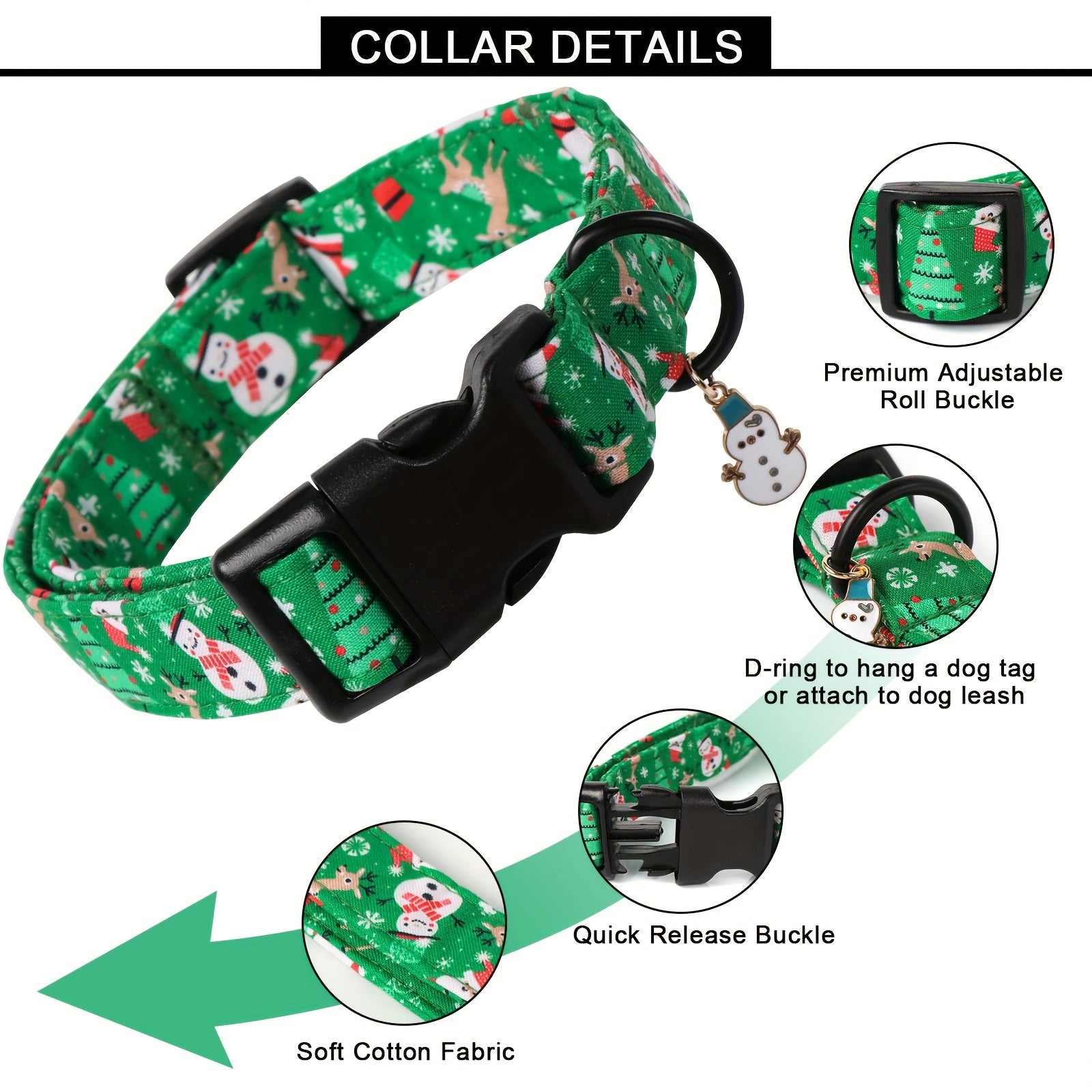 Festive Christmas Dog Collar with Santa & Snowman Prints - Adjustable, Soft Cotton Pet Collar for Small to Large Breeds - Includes D-Ring for Leash Attachment