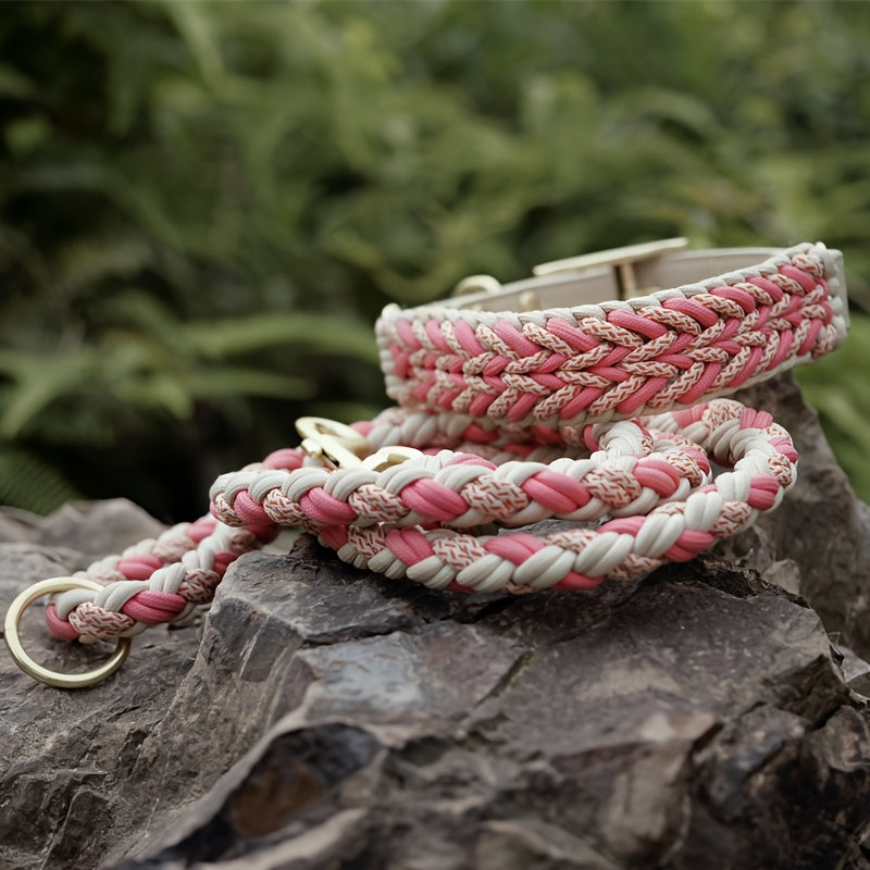 Handwoven Nylon Dog Collar with Adjustable Straps - Comfortable Wide Design, Durable & Easy to Wear, Pink & White Striped Pattern for Secure Fit, Pet Collar, Stylish Pet Accessory, Easyclean Material