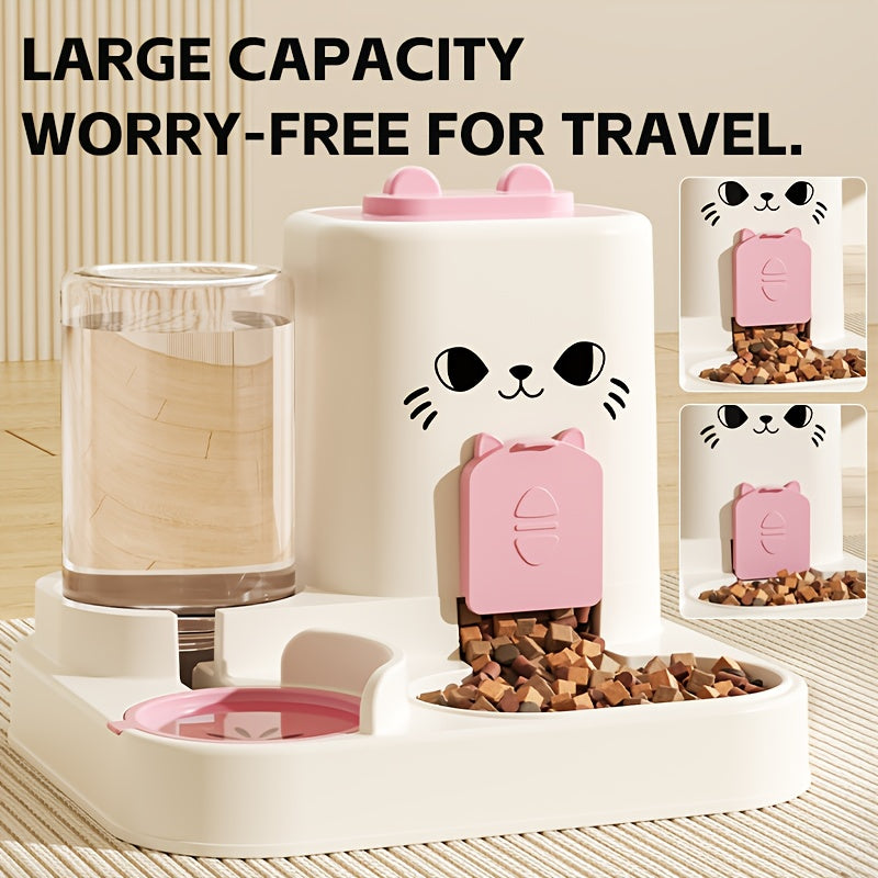 Automatic Cat Feeder And Water Dispenser Set, Plastic Pet Feeding Station, Gravity-Fed Food And Water System, No Battery Needed, with Smart Anti-Wet Design for Cats