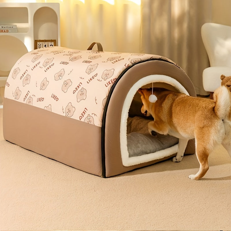 EnigmaTails Cartoon Pattern Dog House, Winter Warm Polyester Pet Bed with Memory Foam, Detachable and Washable, Suitable for Extra Small to Large Dogs, Brown