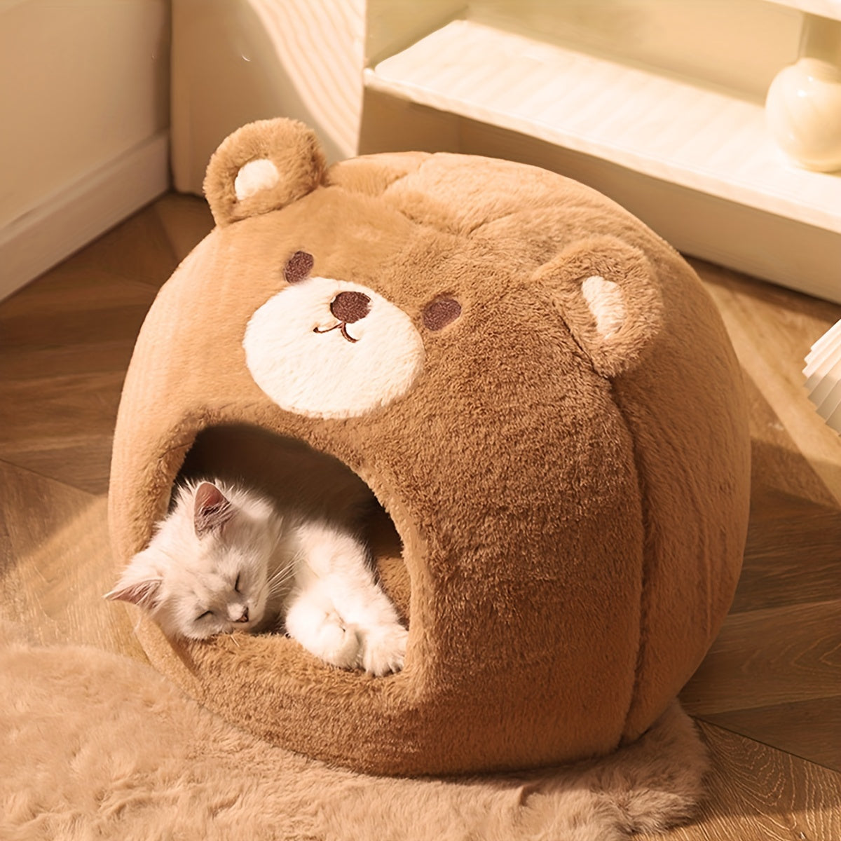 1pc Cozy Brown Bear Shaped Cat Bed - Portable Cat House & Condo for Indoor Cats - Thickened, Soft, and Warm Pet Bed for Ultimate Comfort and Relaxation