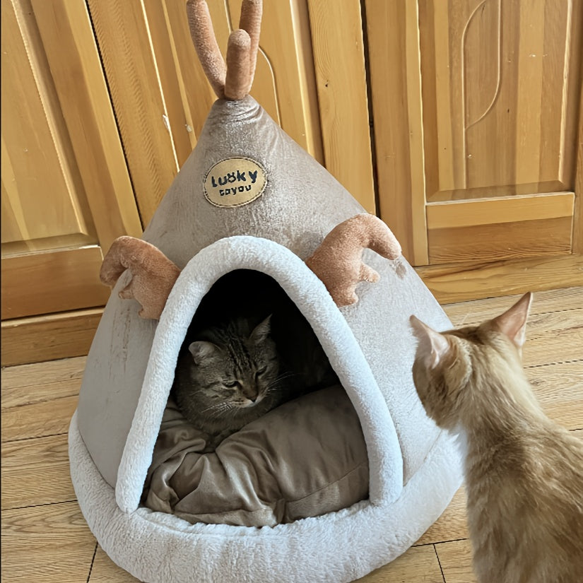 1pc Classic Mongolian Yurt Cat House, Cozy Polyester Fiber Pet Bed with Warm Comfort, Cute Animal Shelter for Indoor Cats, Pre-Assembled, Cute Cat Bed