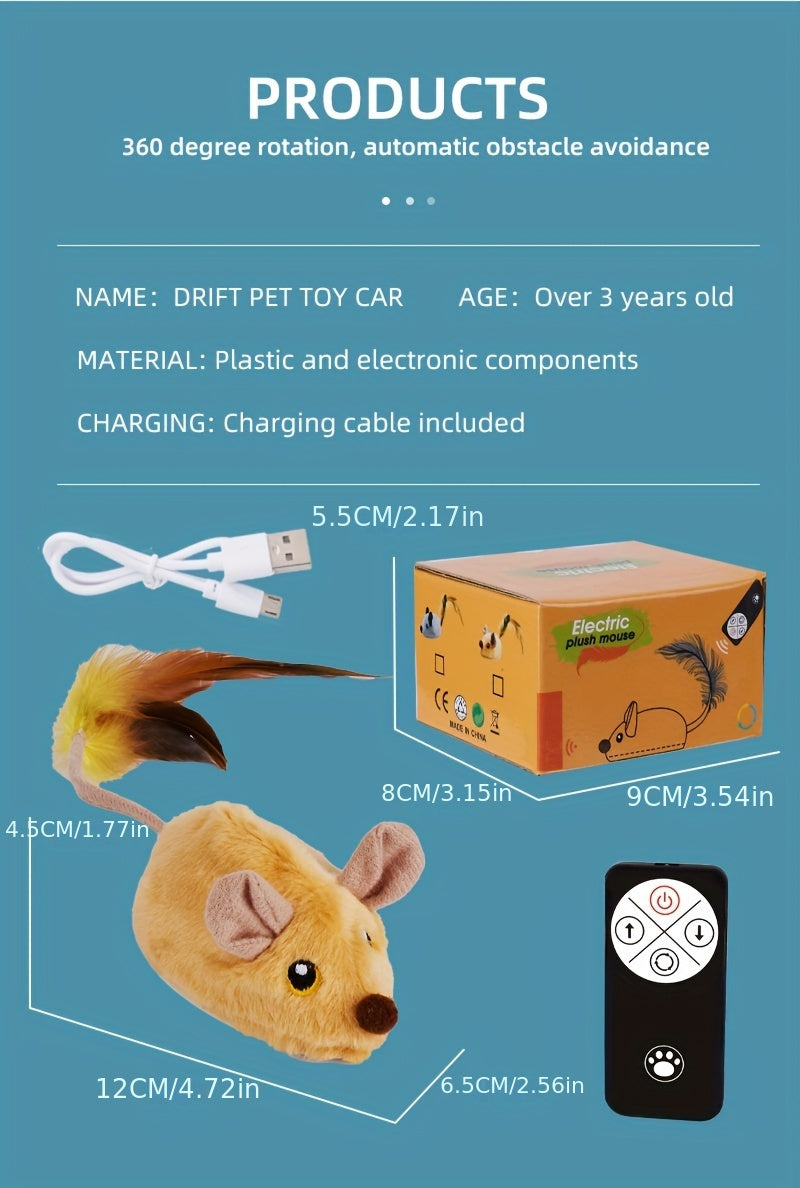 Rechargeable Remote Control Cat Toy - Interactive Electric Mouse with Feather Tail, Automatic Movement, and USB Charging - Fun and Engaging Pet Toy for All Varieties of Cats