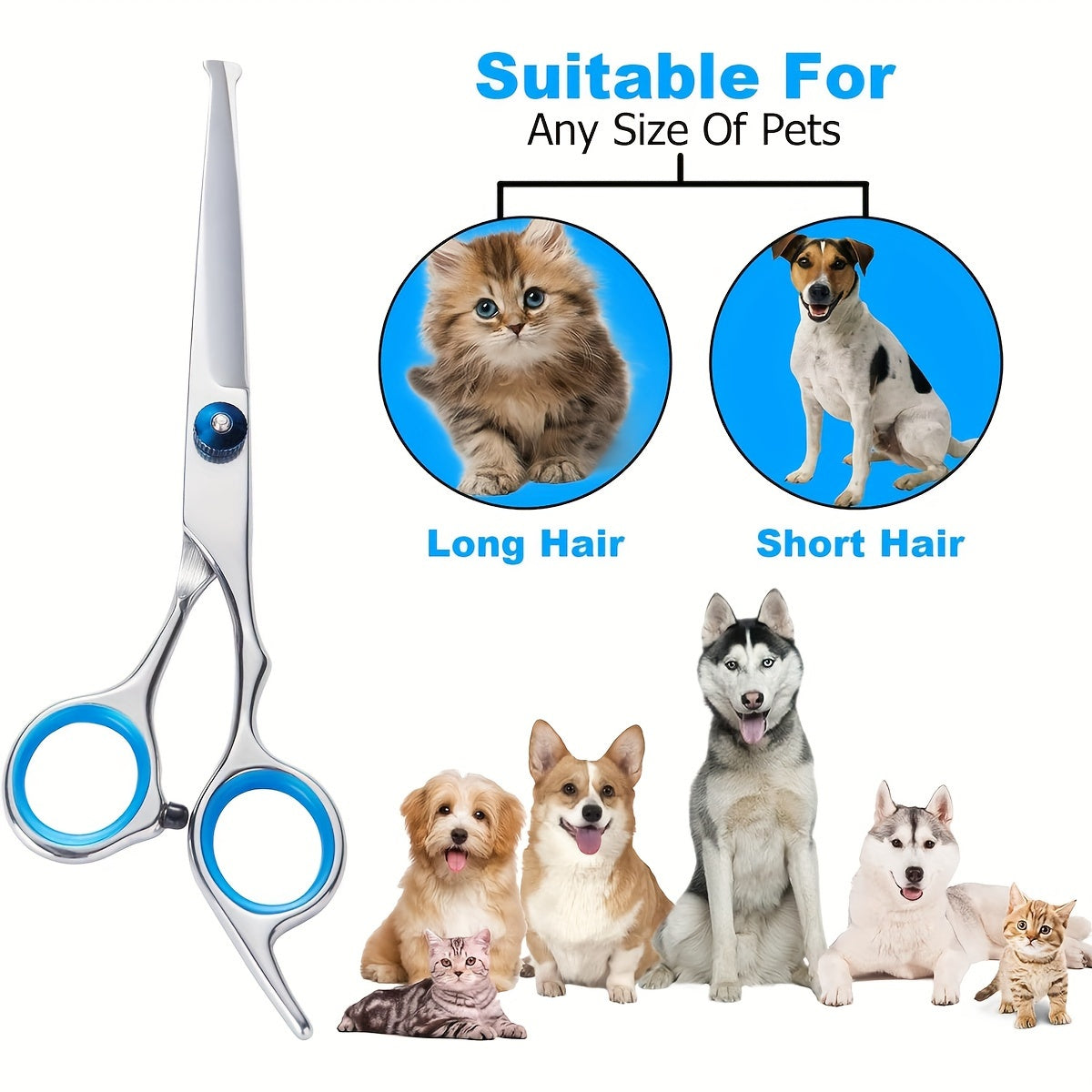 Stainless Steel Pet Grooming Scissor Set 6pcs, Professional Thinning Shears and Straight Cutters for Dogs Cats, Universal Hand Orientation, Complete Animal Hair Trimming Kit