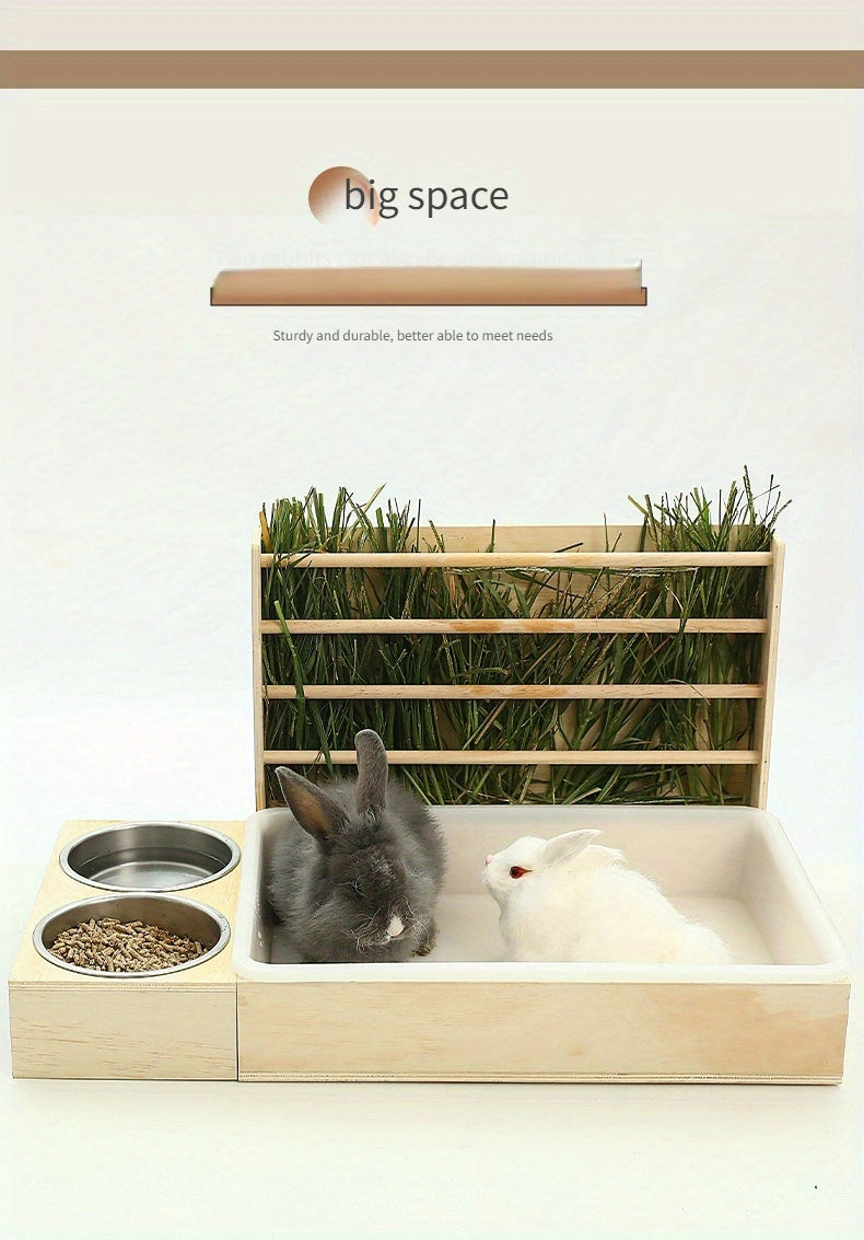 Small Pet Feeding Station with Hay Rack, Cat Litter Box & Dual Bowls - Ideal for Rabbits and Guinea Pigs