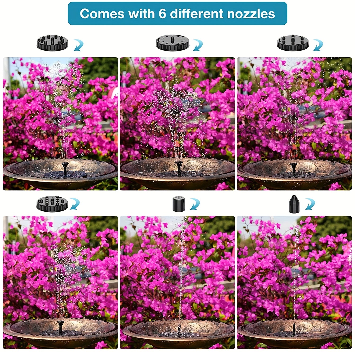 1pc Solar Fountain Pump, 1.5W Solar Bird Bath Pump With 6 Nozzles, Stand-Alone Portable Floating Solar Drinking Water Pump For Garden, Bird Bath, Pond, Swimming Pool, Outdoor & Backyard Aquarium