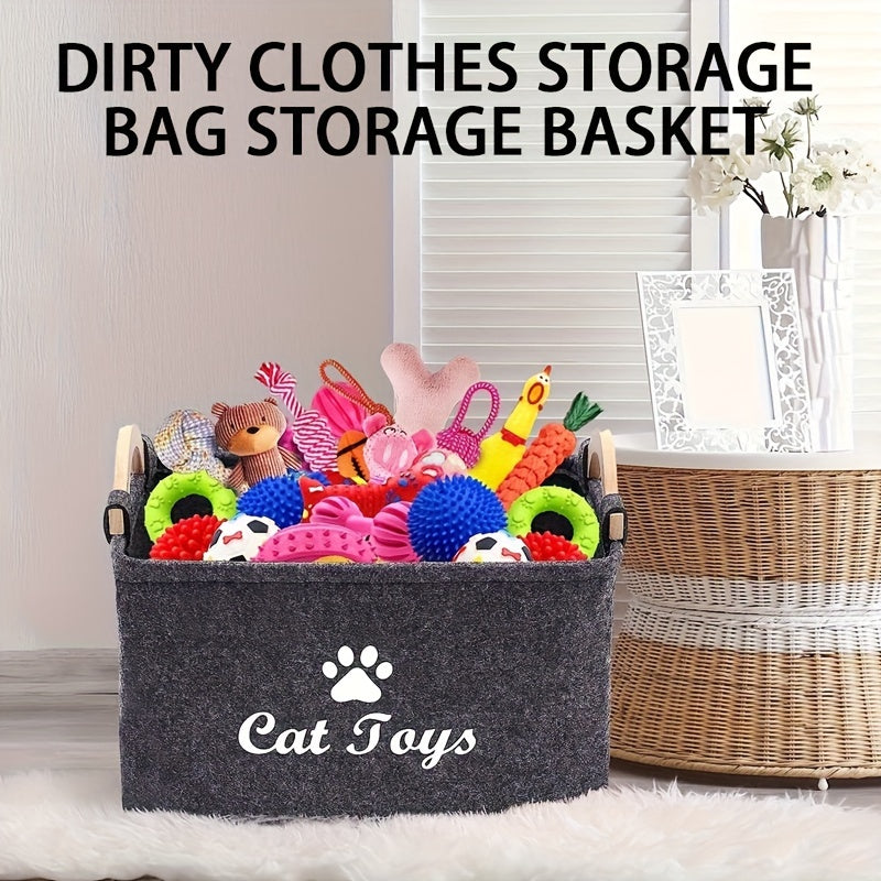 Foldable Pet Toy Storage Basket for Dogs & Cats - Durable Polyester with Paw Print Design, Wooden Handles, Ideal for Organizing Pet Playthings, Dog Toy Storage Basket