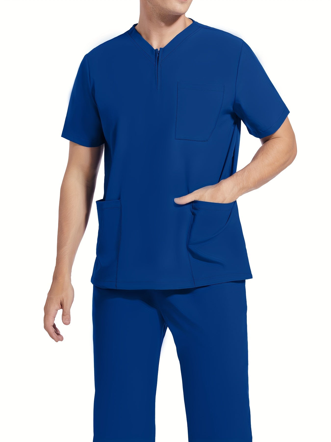 Men's Short Sleeve Summer Work Wear Set, Lab Coat, Pet Grooming Uniform, Breathable V-neck Top With Pockets And Long Pants Outfit