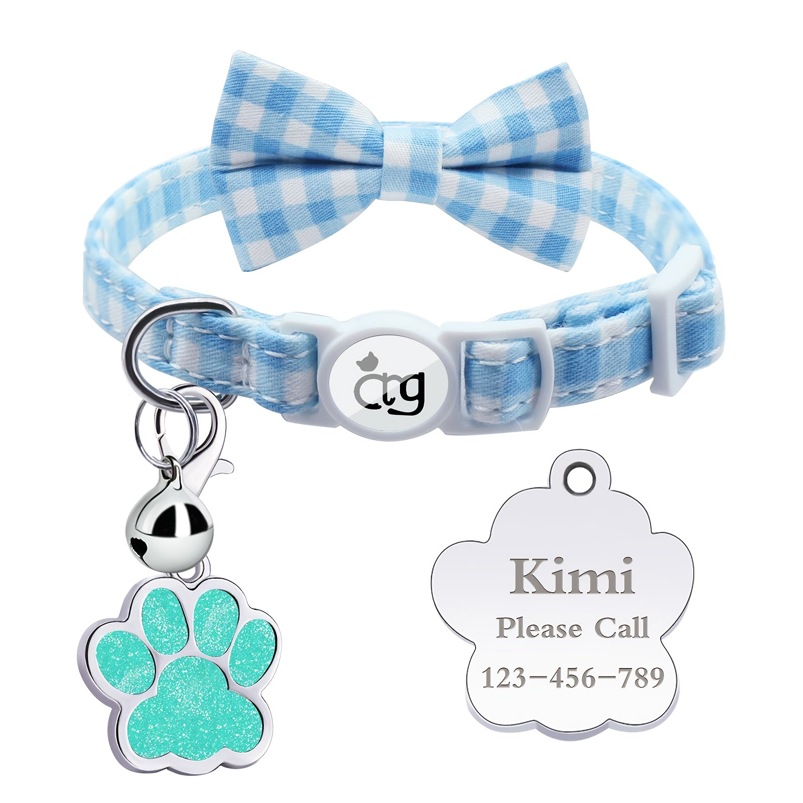 Personalized Custom Metal Paw Tag Pet Collar with Safe Buckle, Bow Tie, Nylon Material, Fresh Plaid Pattern, and Bell - Ideal for Cats and Small Dogs