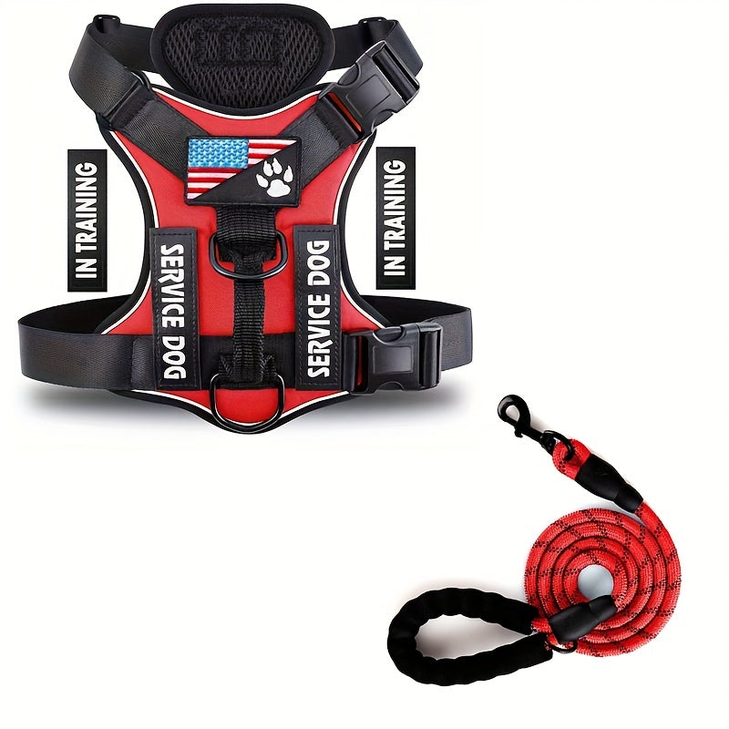 Service Dog Harness, Reflective Dog Vest Harness With 5 PCS Patches, Adjustable Soft Oxford Pet Harness, Inner Layer Mesh, Easy To Control For Small Medium Large Dogs With 59inch Traction Rope