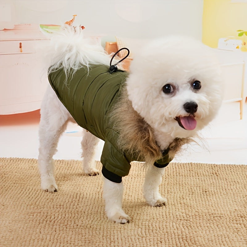 Fashionable Dog Coat with Rabbit Fur Lining, Non-Waterproof Polyester Pet Jacket, with Detachable Fur Trim, Adjustable Waist, for Small and Toy Breeds, Ideal for Yorkie, Maltese, Bichon, Pomeranian, Chihuahua, Fall/Winter Pet