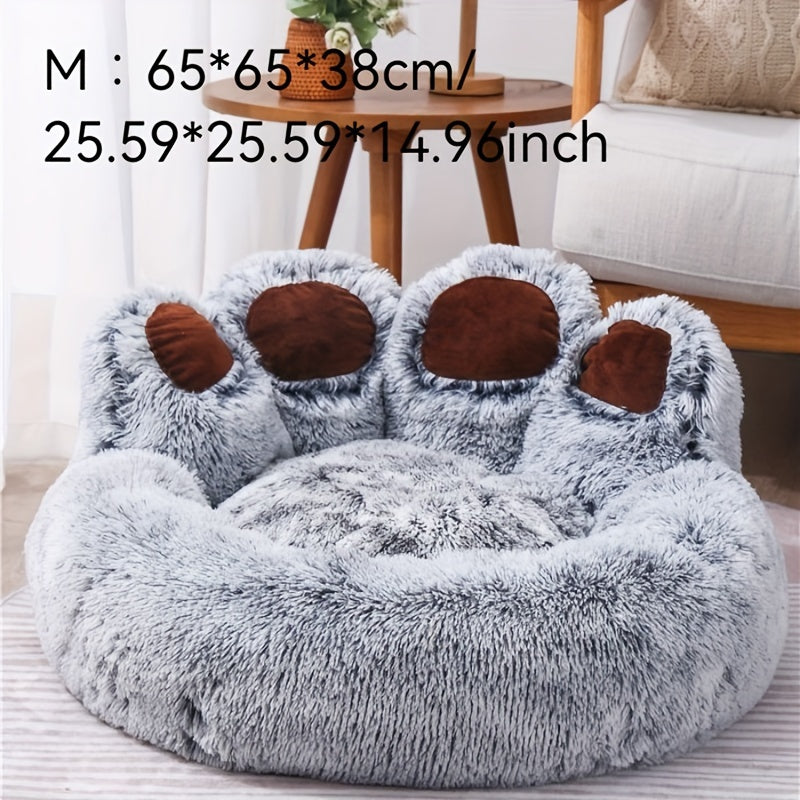 Cozy Bear Paw Plush Pet Bed - Warm, Comfortable & Washable Cat and Dog Nest for All Seasons