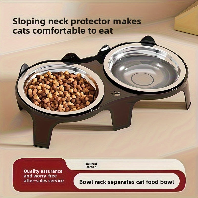 Stainless Steel -Tipping Double-Bowl Cat & Dog Food Feeder - Large Capacity Spill-Proof Design with 15° Slant Mouth & -Skid Base, Detachable Washable Durable Plastic-Like Edges, Ideal for Multi-Cat Households (Easy-Clean Pet
