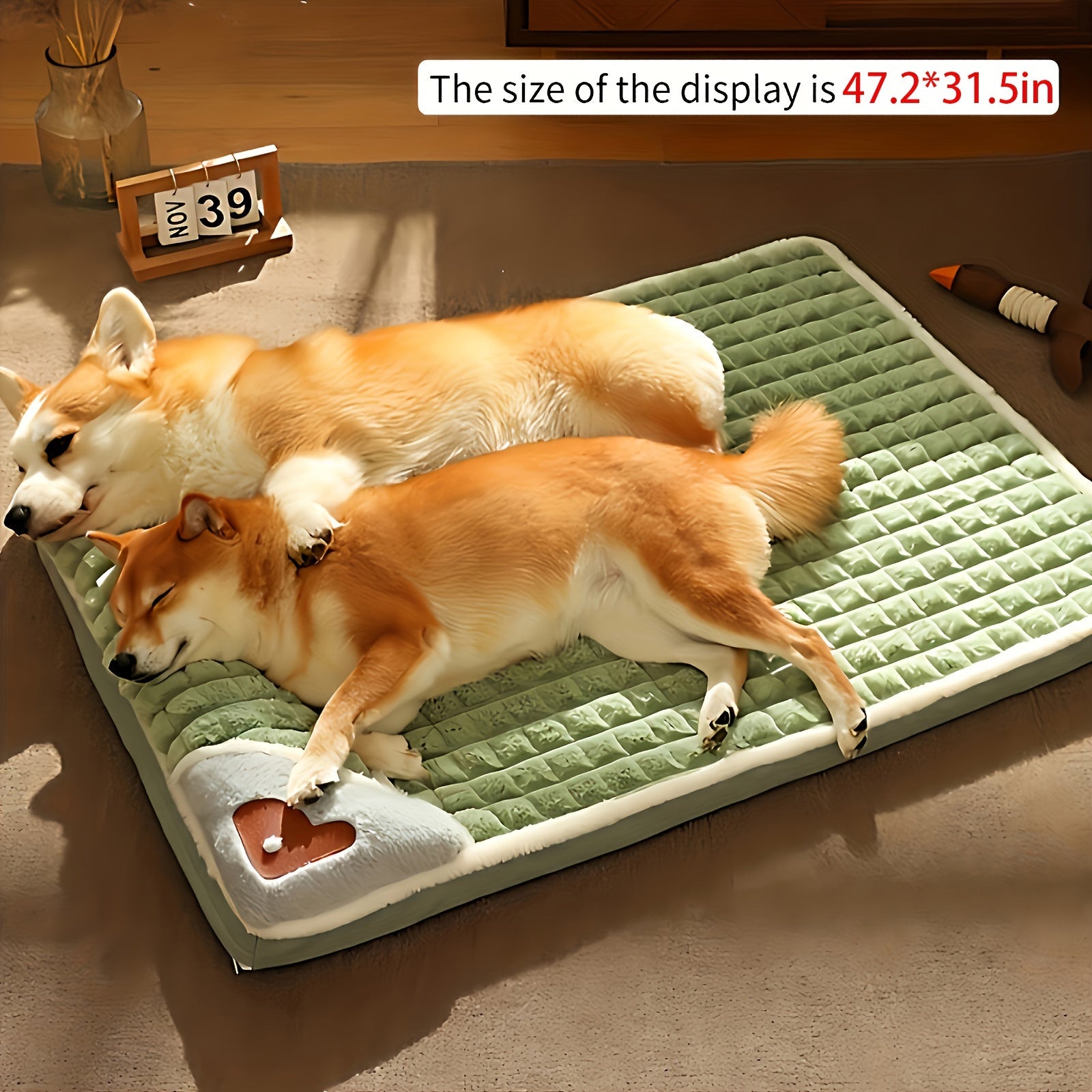 Soft Plush Pet Bed with Neck Pillow & Anti-Slip Bottom - Cozy Sofa Sleeping Pad for Dogs & Cats of All Sizes, Washable Winter Warmth Kennel Mat, Light Green Quilted Design, 42.13" x 31.50, Indoor Pet Bed | Hightop Bolster Bed