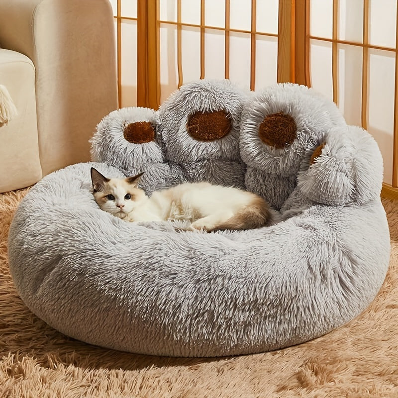 Warm Soft Long Plush Bear Paw-Shaped 1Pc Pet Bed - Calming Cat And Dog Bed For Small, Medium, And Large Dogs - Anti-Slip Bottom Cat Mat, Animal Sleep Sofa