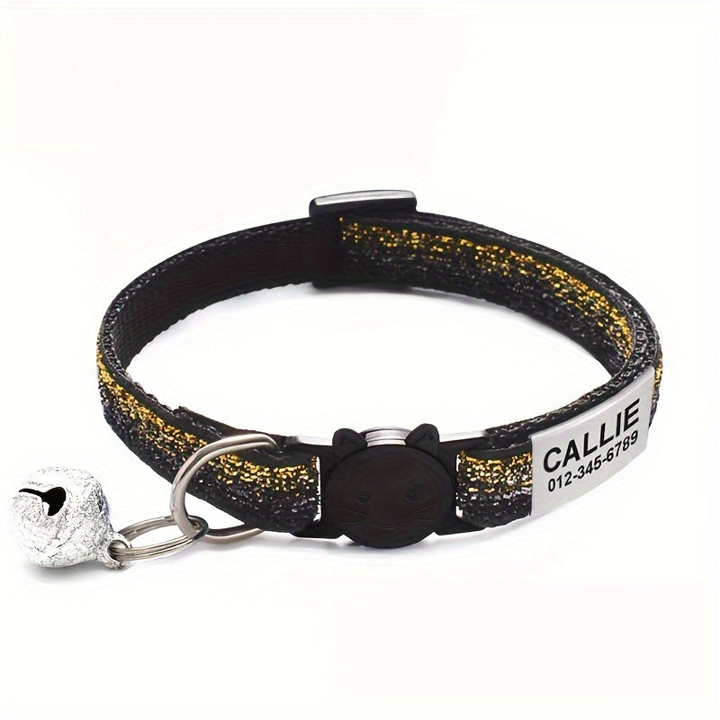 Personalized Bling Cat Collar With Nameplate, Glitter Cat Collar With ID Tag Pendant And Bell, Cute Customized Pet Collar ID Name Pendant Tags For Kittens And Puppy Dogs, Engraved Cat Decoration