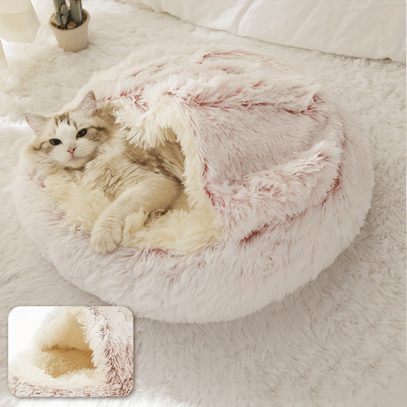 Cozy Luxurious Plush Donut Pet Bed - Hooded, Non-Slip Bottom, Easy to Clean - for Cats & Small Dogs, Perfect for Winter Comfort