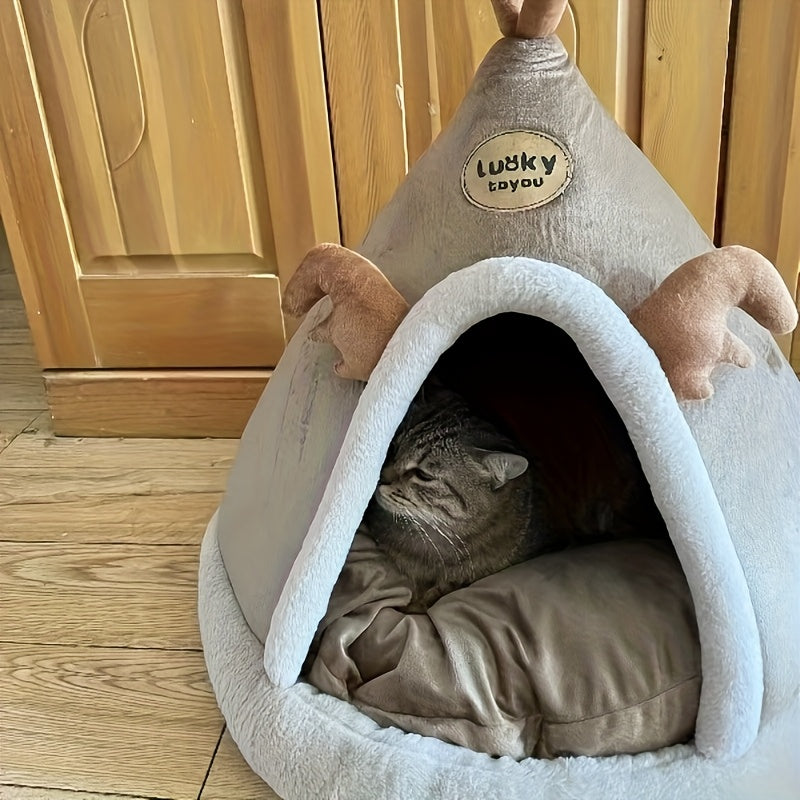 1pc Classic Mongolian Yurt Cat House, Cozy Polyester Fiber Pet Bed with Warm Comfort, Cute Animal Shelter for Indoor Cats, Pre-Assembled, Cute Cat Bed