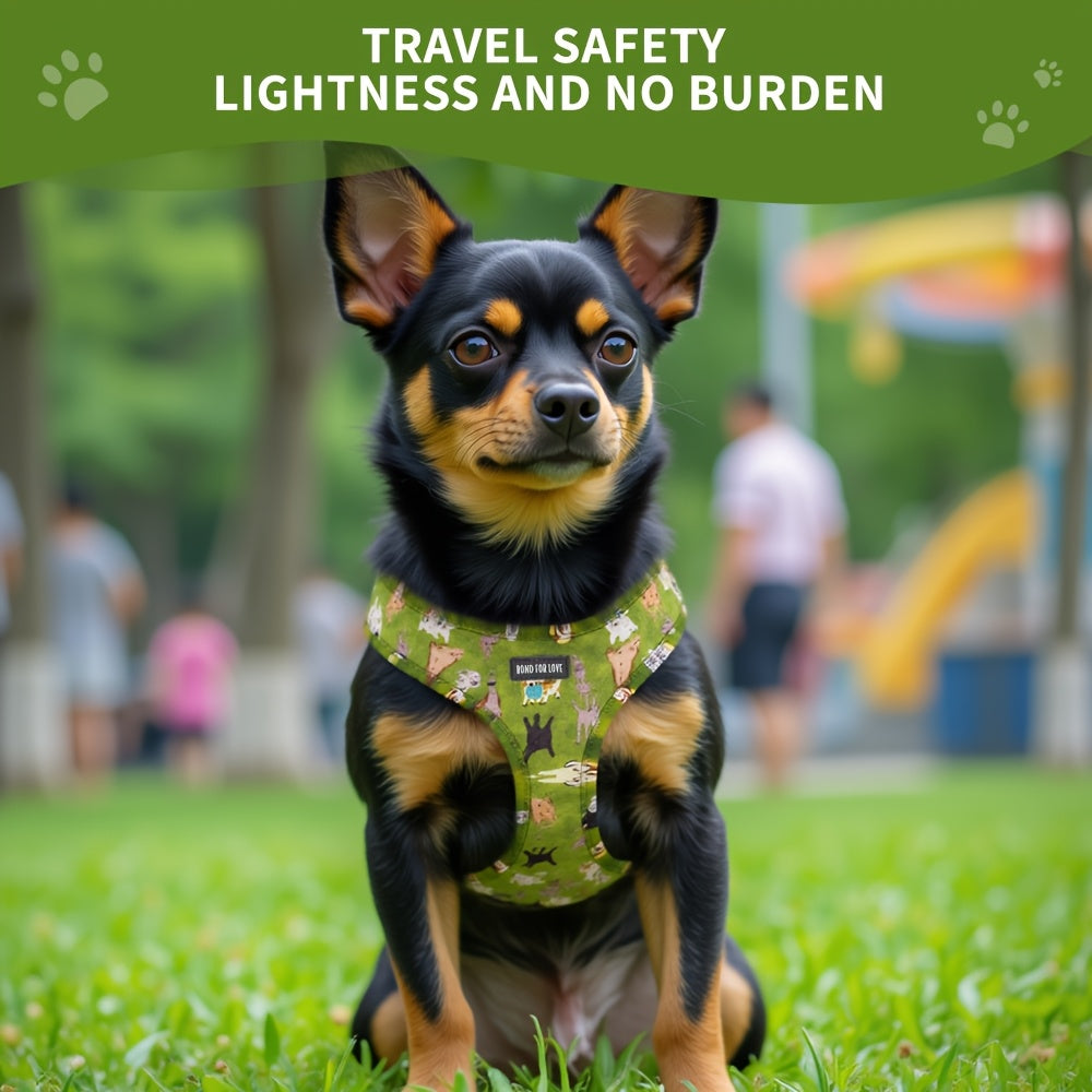 6pcs Forest Animal Print Dog Walking Set, Adjustable Pet Harness, 4ft Leash, Collar, Bowtie, Bandana, and Waste Bag Dispenser for Small to Large Dogs, Polyester Fiber, Without Battery