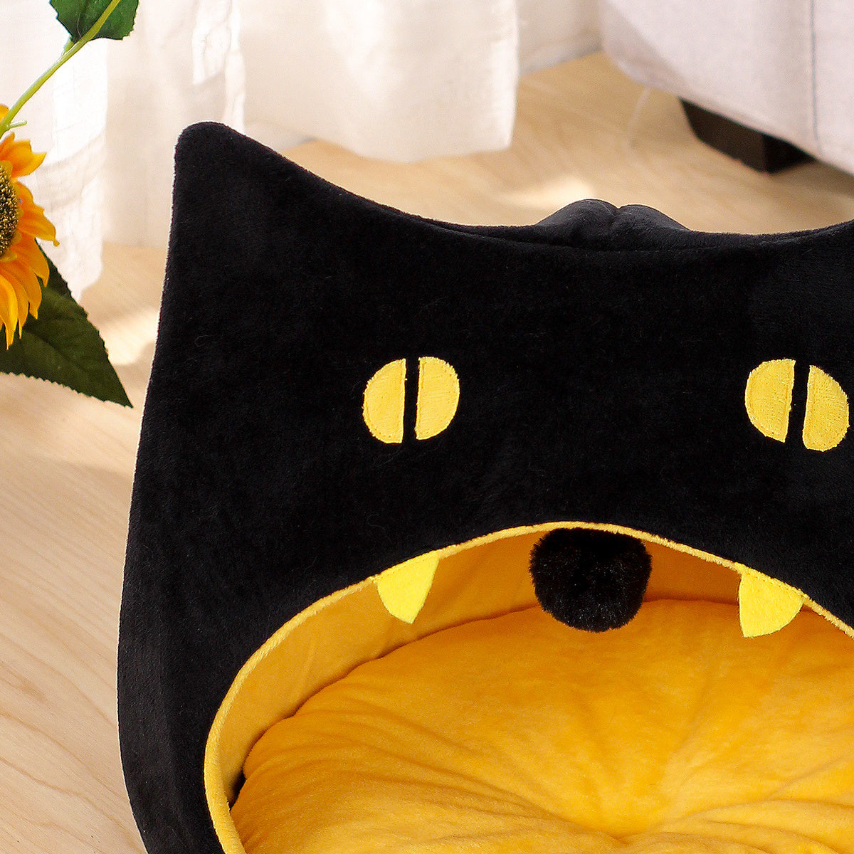 Whimsical Plush Black Cat Pet Bed - Soft, Furry, and Cozy Design for Ultimate Feline Comfort, Relaxation, and Sleep - Perfect for Your Adorable Feline Friend's Happy Moments