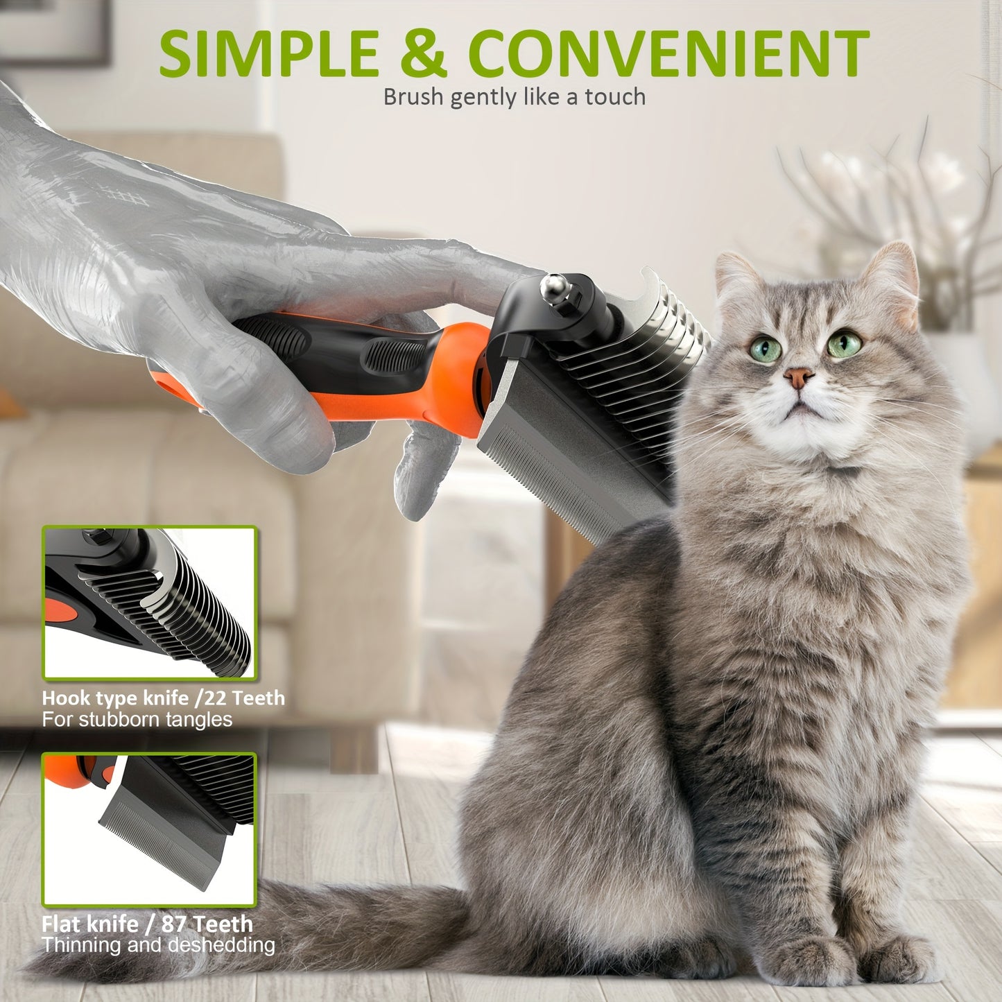 2 in 1 Professional Grooming Rake for Cats & Dogs-Dematting Comb for Easy Mats & Tangles Removing,Hair Removal Cleaner for Pets, Without Battery