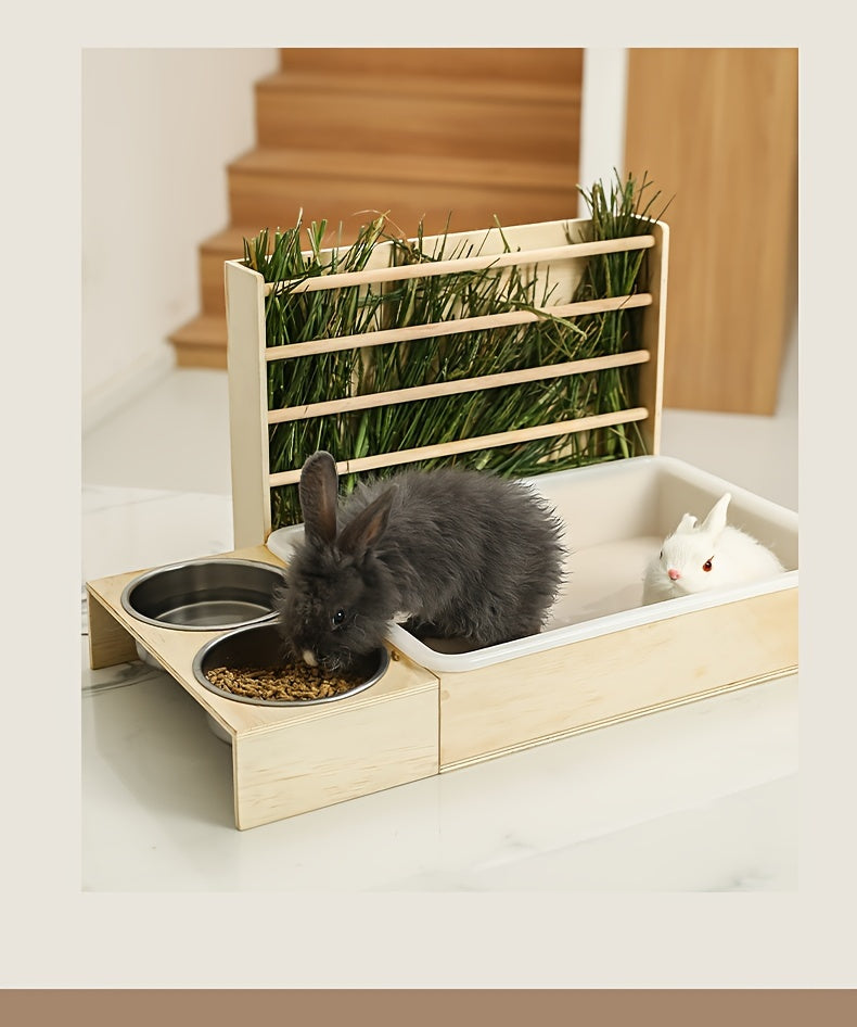 Small Pet Feeding Station with Hay Rack, Cat Litter Box & Dual Bowls - Ideal for Rabbits and Guinea Pigs