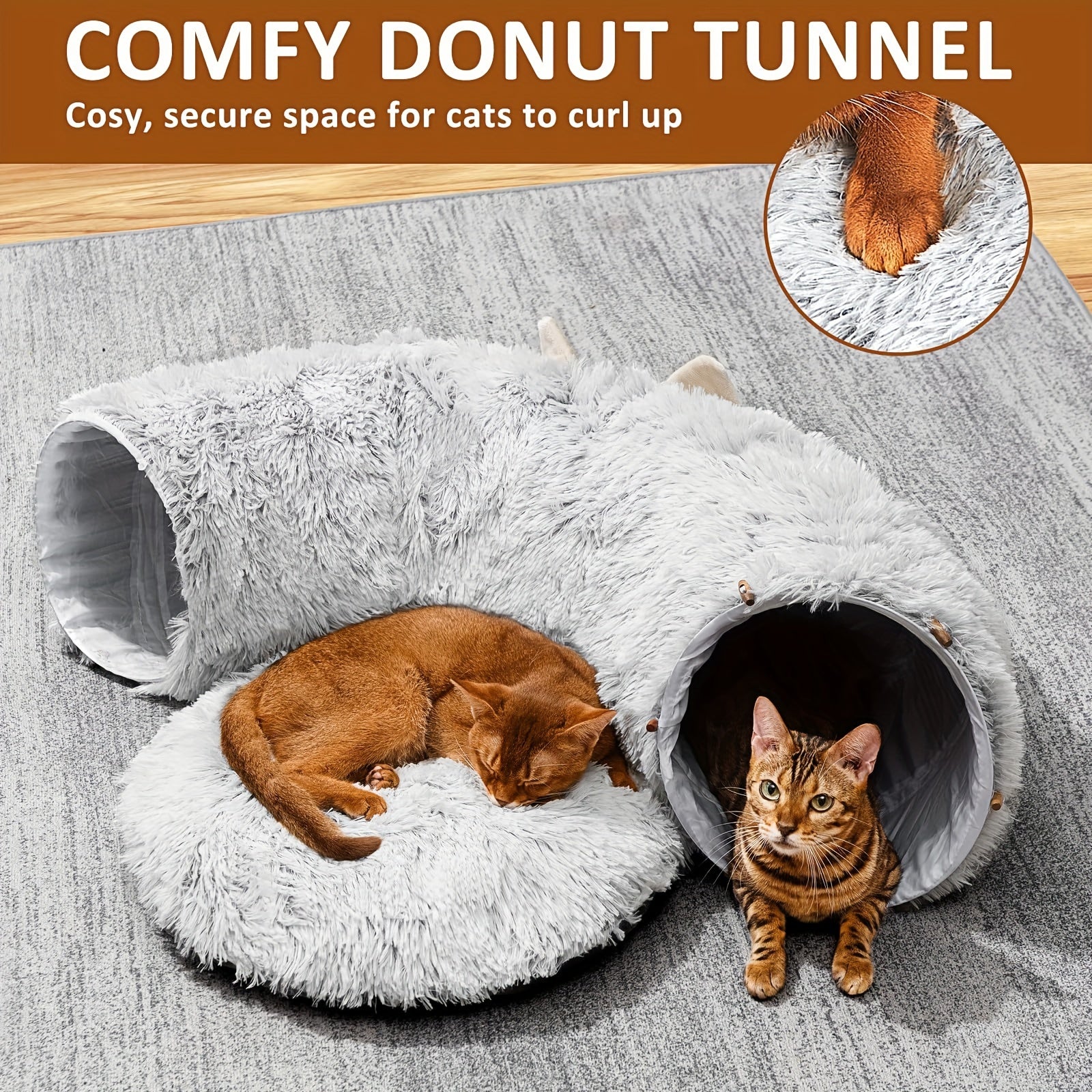 Soft Plush Cat Tunnel with Cozy Donut Bed - Multi-Functional Hideout & Playhouse for Indoor Cats, Kittens, Rabbits, Ferrets - Tunnel Vision Peeping Holes, Large Tube for Hide & Seek, Durable Pet Toy for Small/Medium/Large Fel