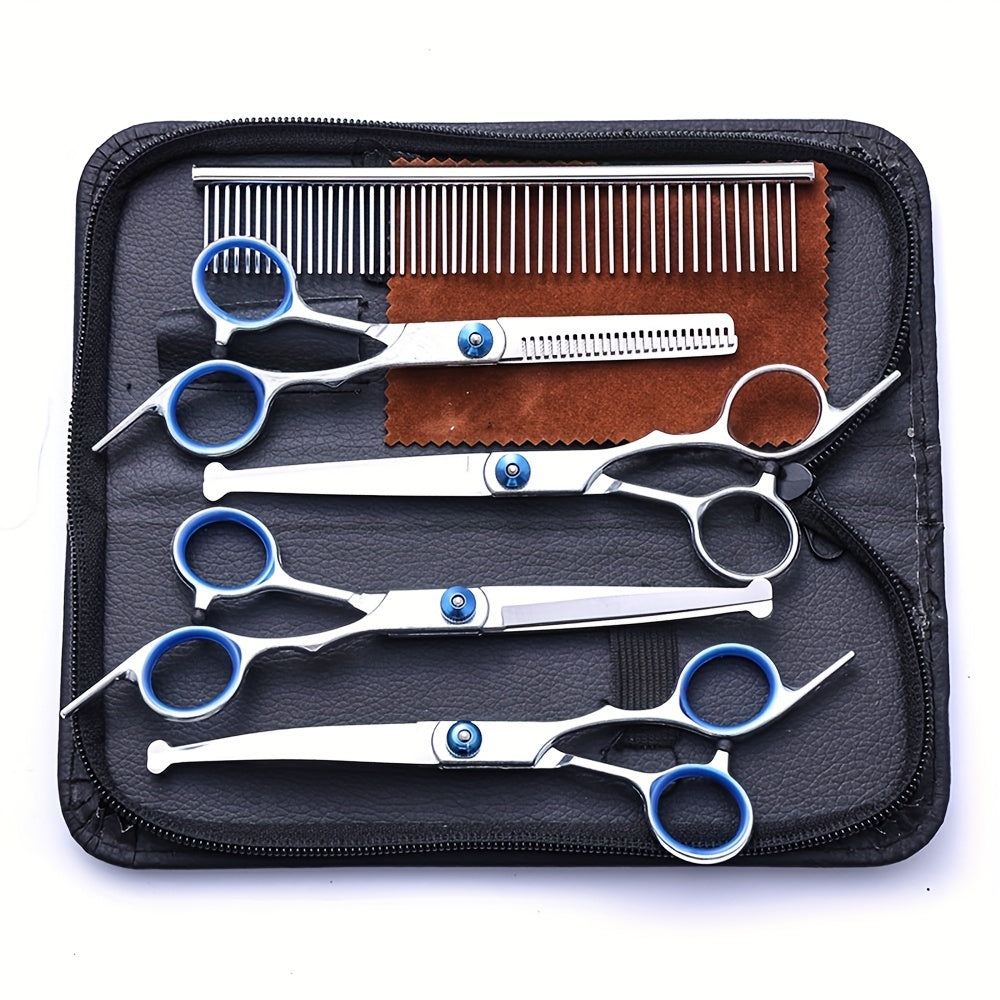 7 piece professional pet grooming scissors set, stainless steel dog and cat hair thinning scissors, with downward curved, straight, upward curved scissors and comb