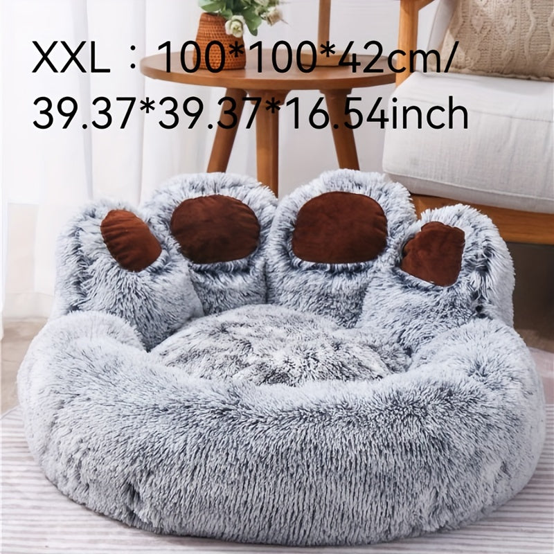 Cozy Bear Paw Plush Pet Bed - Warm, Comfortable & Washable Cat and Dog Nest for All Seasons