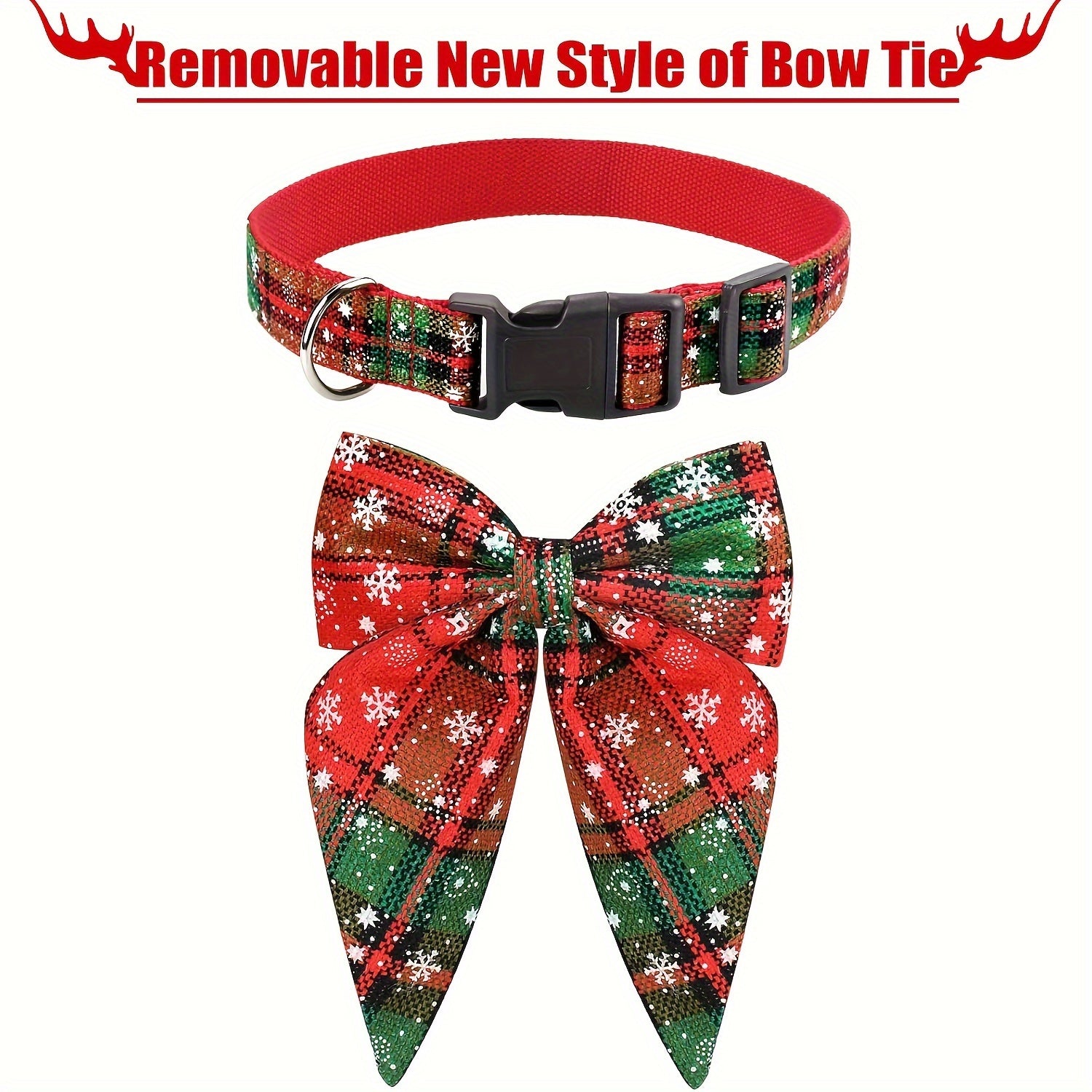 Christmas Plaid Dog Collar with Detachable Bowtie, Adjustable Pet Collar for Cats and Dogs, Durable Polyamide Material with Press Buckle and D-Ring, Perfect for Holiday Parties, Birthdays, and Daily Wear - Red (S/M/L)