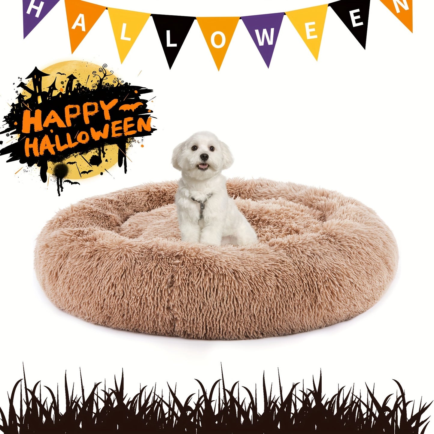 Fluffy Plush Calming Pet Bed For Dogs And Cats - Washable Anti-Slip Round Bed For Pets - Brown Color
