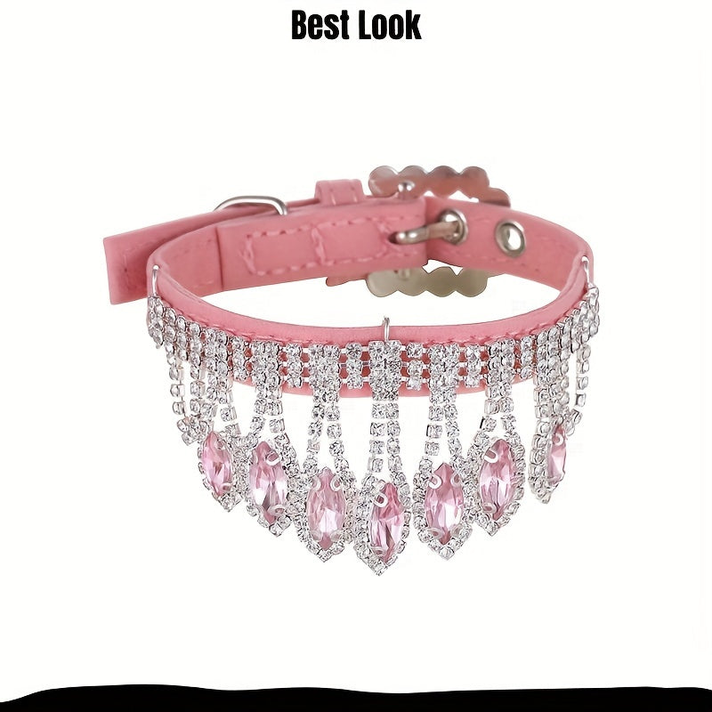 Exquisite Adjustable Jeweled Pet Collar and Leash Set - Soft Leather, Elegant Design, Hand Wash Only, Suitable for Dogs, Cats, and Small Animals