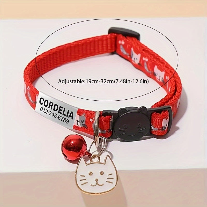 Customizable Cartoon Cat Print Pet Collar with Bell and Engraved ID Tag, Durable Polyester Adjustable Collar for Cats and Dogs, Personalized Name and Phone Number for Lost Prevention - Perfect Gift for Pets