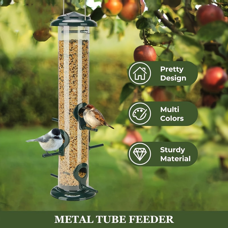 1pc Deluxe Chew-Proof Metal Bird Feeder - Extra Thick Tube, 6 Port, Steel Hanger, Weather & Water Resistant, Durable Outdoor Hanging Feeder for Attracting Birds - 15in