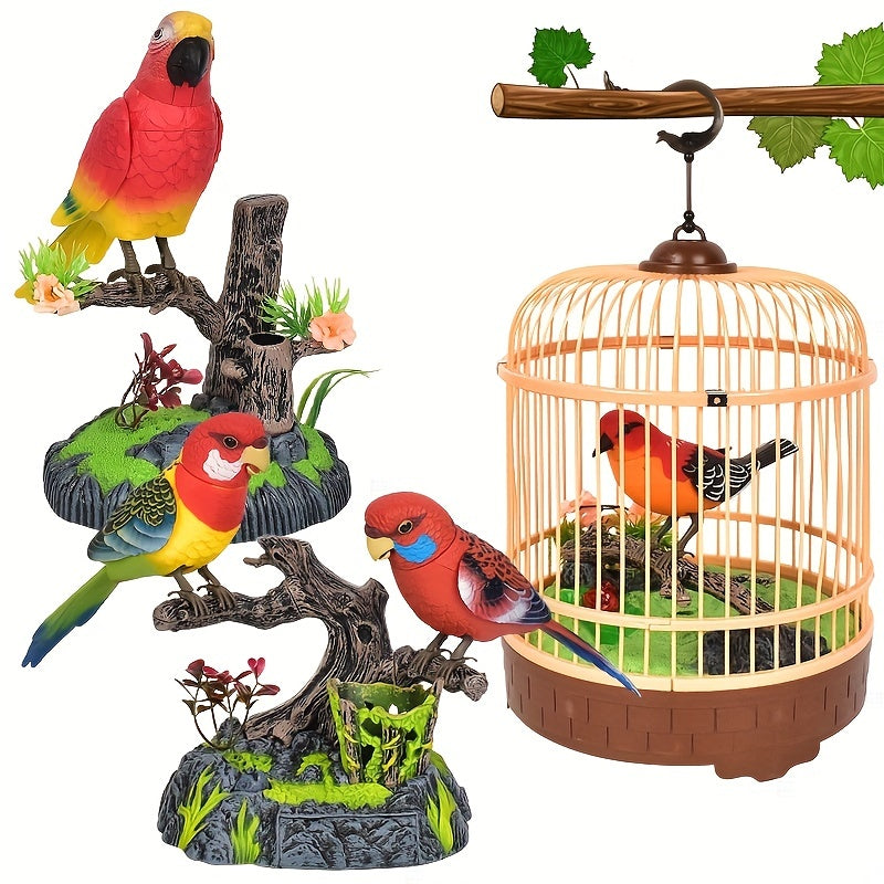 Simulation Voice-activated Bird Decoration Display Electric Induction Parrot Can Call And Move Birdcage Electronic Pet Toy