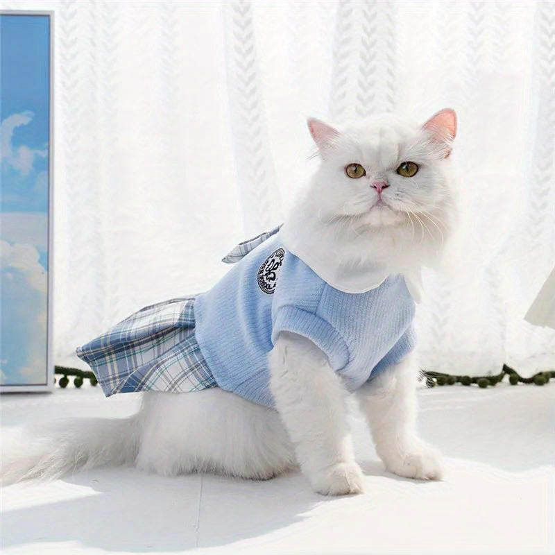 Small Breeds Polyester All-Season Dog Dress, Chic College Style Pet Apparel with Plaid Skirt and Collar, Pullover Design, Ideal for Spring, Cat & Chihuahua, Available in Pink, Blue, Green