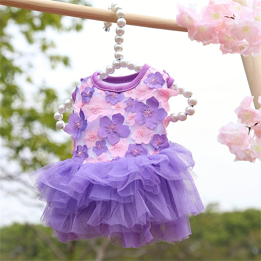 Small Breeds Floral 3D Flower Design Pullover Dog Dress - Woven Polyester, Breathable, Lightweight Pet Apparel for Toy & Mini Dogs, Cats, Pet Fashion Accessories