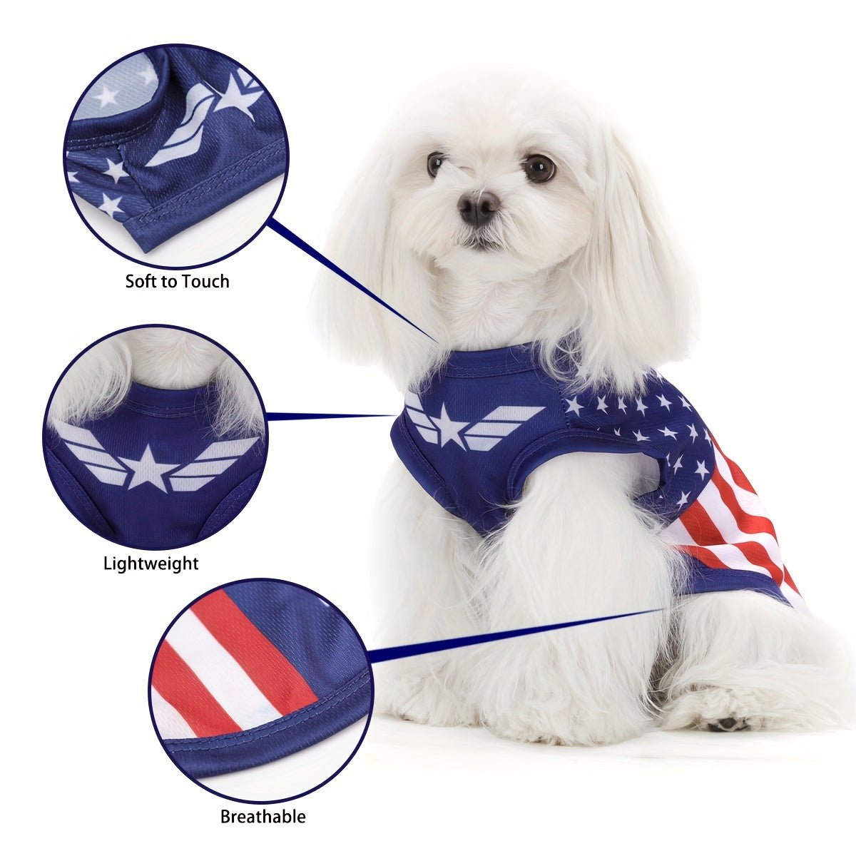 Patriotic Pooch Vest Shirt - Shirts for Small, Medium, Large, Mini & Toy Breeds - Soft Knit Polyester Fabric, Hand Wash Only, National Holiday and Outdoor Fun Pet Apparel with American Flag Design